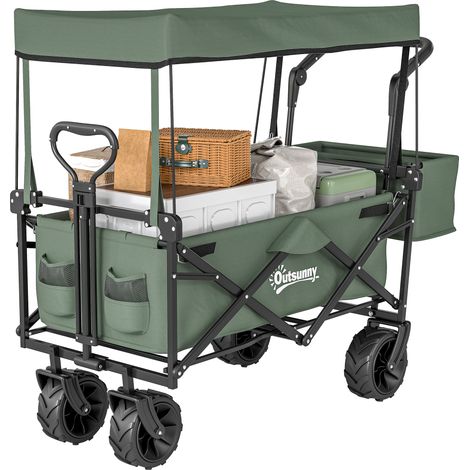 Folding Trolley Cart Storage Wagon Beach Trailer 4 Wheels Handle Overhead Canopy Cart Push Pull for Camping, Green (1/5)