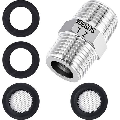 Rallonge de tuyau de douche 1/2", diamètre 20 mm, double mamelon en acier inoxydable, tuyau de douche avec 2 éléments filtrants et 2 joints pour tuyaux, raccords de vannes (1/5)