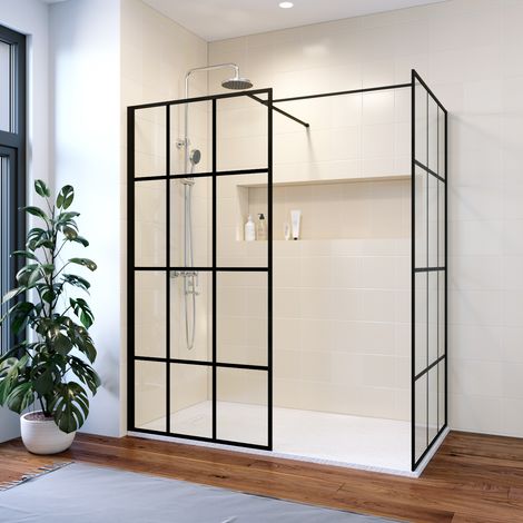 ELEGANT 1100mm Black Matt Modern Walk in Shower Cabin with 900mm Side Shower Screen 8mm Safety Glass shower Enclosure Include Double Stainless Steel Support Rod (1/5)