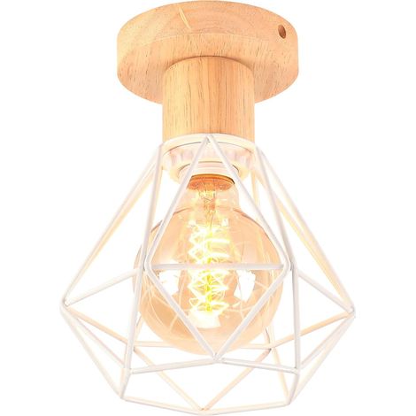 1 Lustre Plafonnier, Design Cage Géométrique, Métal Et Bois, Douille E27, Style Industriel Vintage, Pour Couloir Entrée (1/5)