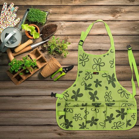 Damen-Gartenschürze mit Werkzeugen (Handschuhe), Gartenschürze aus 600D-Oxford-Stoff, wasserdichte Gartenschürze mit 14 Taschen für Maler, Chef, Friseur, Grün