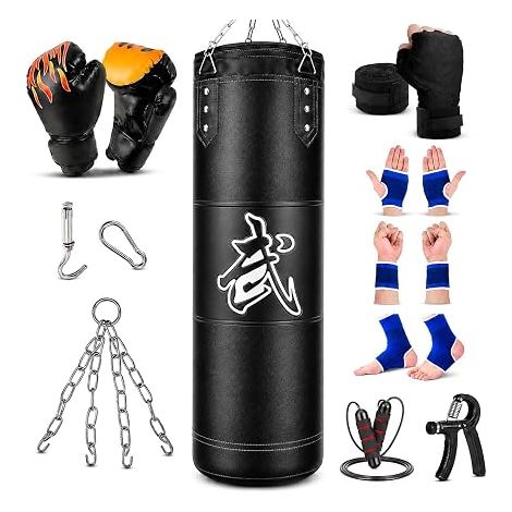 Heavy Boxing Bag Set for Adults Teens Kids 120cm Oxford with Ceiling Hook, Chains, Gloves, Hand Trainer, Jump Rope - MMA, Karate, Kickboxing, Boxing, Home-Gym (Unfilled) (1/5)