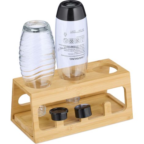 Relaxdays Drying Rack for 3 Bottles, Compatable with Sodastream, Bamboo, with Drip Tray, 12.5 x 29 x 14 cm, Natural