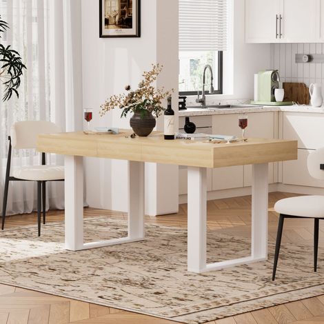 Mesa de comedor extensible, estilo retro, 8 personas, tablero de tablero de partículas, natural y blanco (1/5)