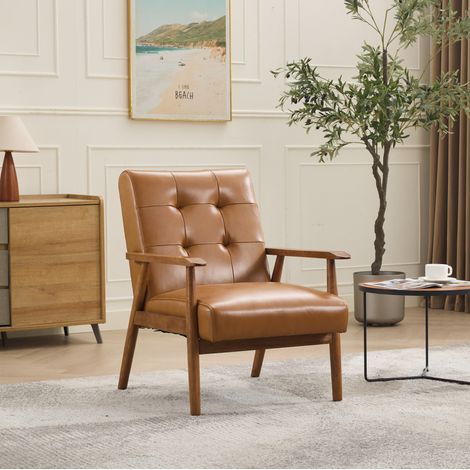 Fauteuil lounge en cuir véritable, accoudoirs couleur noyer, pieds en bois d'hévéa, beige clair (1/5)
