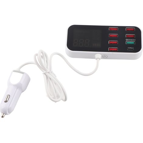 Chargeur de voiture multi-USB, station de charge 8 ports, PD rapide, QC 3.0, port Type-C, hub téléphonique avec écran LCD