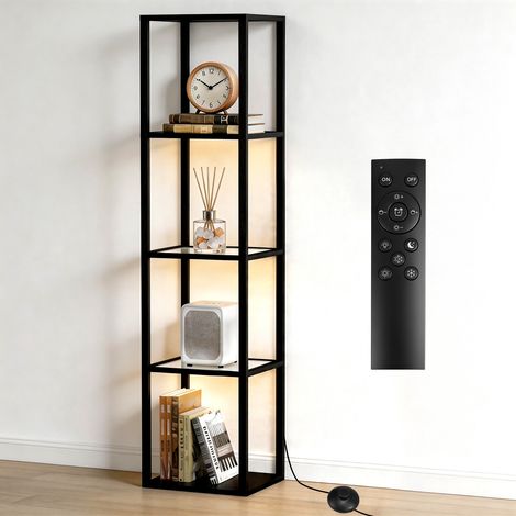 168cm Bois Étagère Vitrée Lampadaire avec 3 Tablettes en Verre Trempé Lampadaire LED 2700‑6500K Dimmable Lampe sur Pied Télécommande Pédale Charge 15kg Présentation et Rangement pour Salon Entrée Cha (1/5)