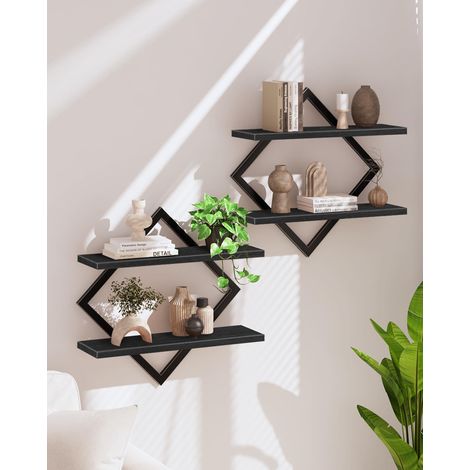 Étagère flottantes, Lot de 2, Étagères murales à 2 Niveaux, Rangements Suspendus avec Cadre métallique losangé, pour Salon, Chambre, Cuisine, Bureau, Noir (1/5)