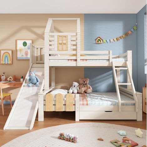 CHICFURN Letto a castello bimbi 90x200/140x200 in legno bianco con scivolo e cassetto (1/5)