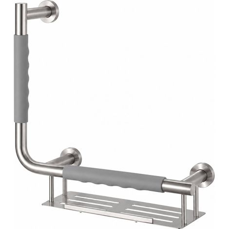 Barre d'appui 90° COMFORT GRIP en acier brossé droite avec porte-savon (1/4)