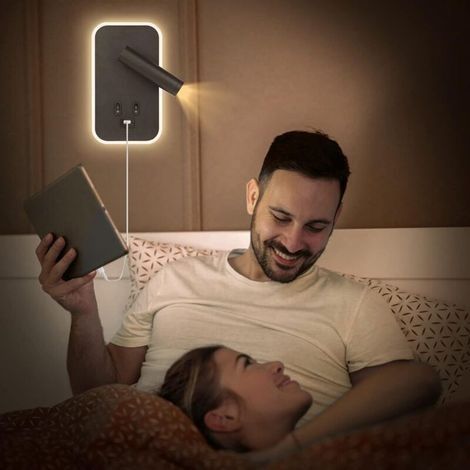 Nachttisch-Leseleuchte, 2er-Pack LED-Wandleuchten für Schlafzimmer mit Schalter und USB-Ladefunktion, 3W + 9W 3000K drehbarer Wandstrahler, Wandleuchten für Bett, Flur, Hotel (Schwarz – 2 Stück) [Ener (1/4)