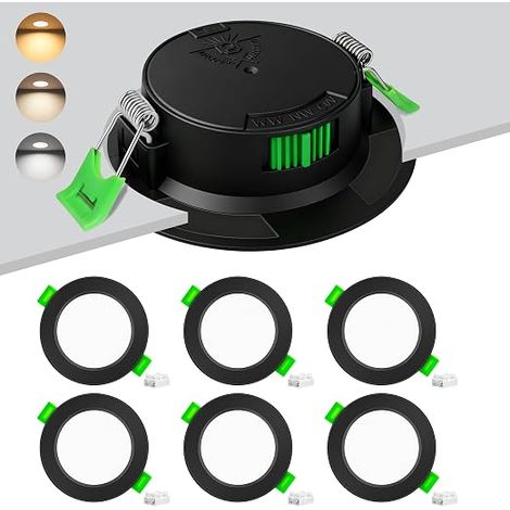Pack Recessed LED Spotlights 230V 6W Cut Out Diameter 55-68 mm 3CCT 2700K/4000K/6000K, Ultra Flat 25 mm IP44 LED Ceiling Spotlights for Bathroom, Kitchen, Living Room, Black (1/5)