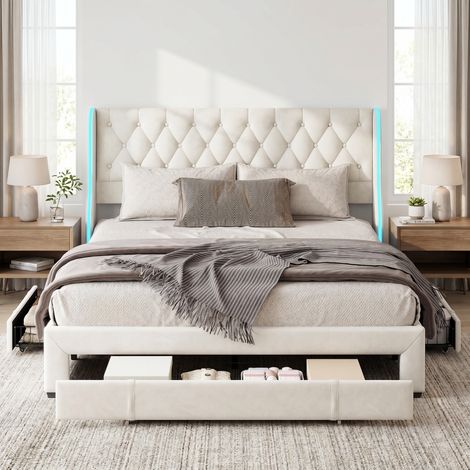 Lit avec tiroirs 160x200 cm,sommier à lattes,tête de lit avec 3 compartiments de rangement & led,lit double moderne,chic,velours- beige (1/5)
