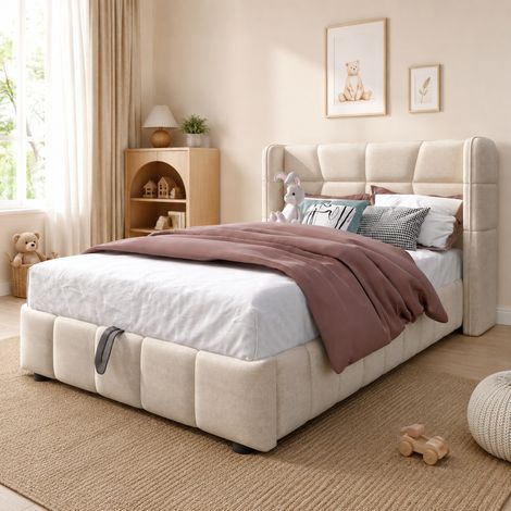 Kinderbett mit Bettkasten 90x200 cm, Kopfteil und Lattenrost, beige OKMYHOME (1/5)