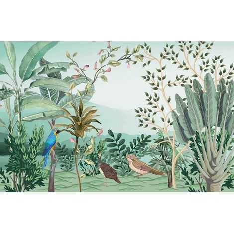 Papier peint panoramique - Plantes Tropicales Oiseaux - 130 cm x 84 cm (1/2)
