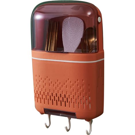 Porte-ustensiles suspendu de cuisine orange corail, égouttoir compartimenté avec couvercle, anti-rouille et imperméable, rangement pour couverts.