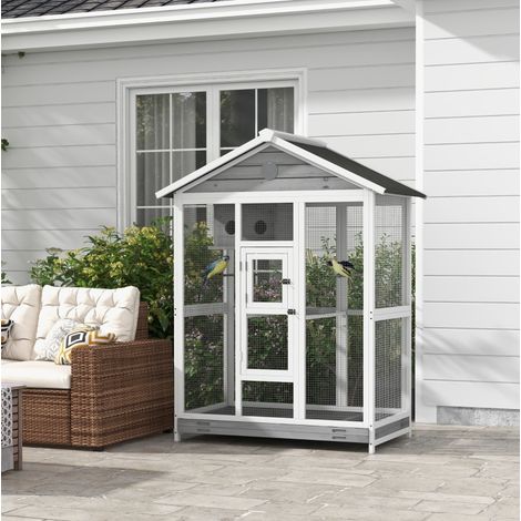 Pajarera de madera para interior y exterior con 4 perchas, 112 x 68 x 154 cm, blanco y gris DESVIAE (1/5)