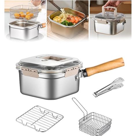 Ensemble friteuse – Friteuse – Friteuse de 2 litres – Comprend un panier à friture, un couvercle et une pince – Idéale pour frire du poulet, des frites ou des nouilles – Acier inoxydable – Argent (1/5)