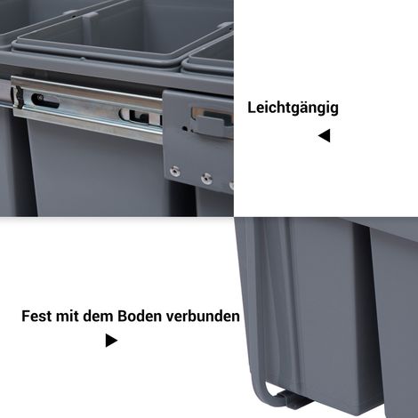 Poubelle encastrable 40L sous évier, collecteur extractible 3 bacs amovibles 1 x 20 & 2 x 10 L, pour meuble dès 400 mm, cuisine gris (1/5)