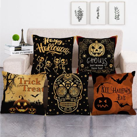 Set mit 5 Halloween-Kissenbezügen aus Leinen mit Kürbismuster - Sofakissenbezug (45 x 45 cm)
