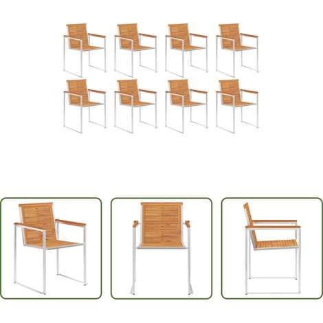 Chaises de salle à manger - Chaises de jardin lot de 8 Bois d'acacia et acier inoxydable (1/5)