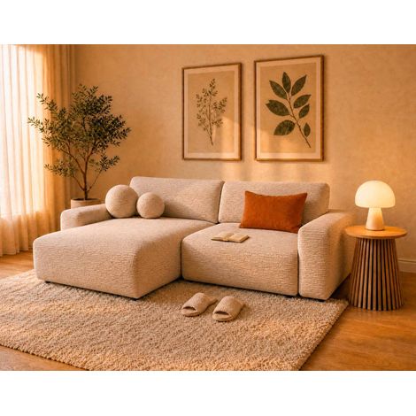Constance - canapé d'angle réversible 4 places convertible avec coffre en velours gaufré - beige (1/5)