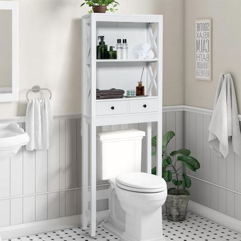 COSTWAY Meuble WC au-Dessus de Toilettes en Bois, Meuble de Salle de Bain avec 3 Étagères et 2 Tiroirs, Barre Inférieure Réglable, Dispositif Anti-basculement, 20 x 60 x 165,5 cm (1/5)