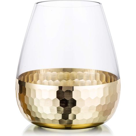 jarrón de cristal con borde dorado y diseño de panal, 20 cm de alto, ideal para salón, bodas o baño. (1/5)