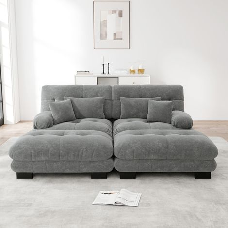 Divano modulare in ciniglia grigio con 2 pouf mobili, look cloud e ampie braccioli arrotondati (1/5)