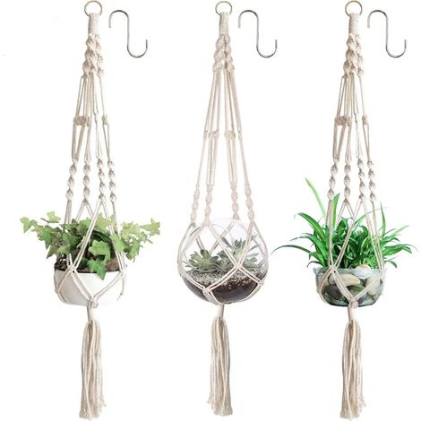 3er Set Makramee Blumenampel Baumwollseil Hängeampel Blumentopf Pflanzen Halter Aufhänger für Innen Außen Decken