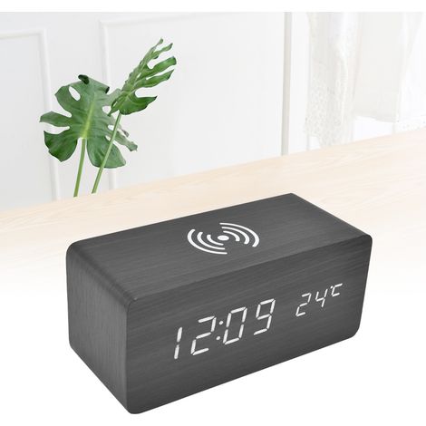 Intelligenter elektronischer LED-Wecker, kabellos aufladbarer Wecker, sprachgesteuerter Wecker, USB-betrieben, schwarz. (1/5)
