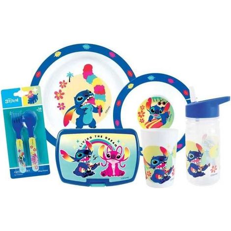 Dish set - FUN HOUSE - STITCH AND ANGEL - Glass. plate Ø22 cm and Ø16 cm. cutlery. water bottle and snack box (1/3)