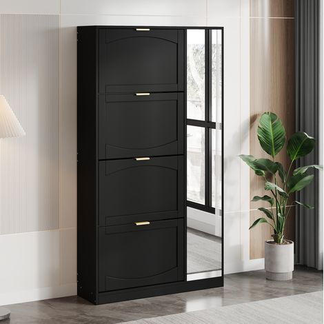 Scarpiera, con specchi e 4 scomparti, nero, 80x147x24 cm (1/5)