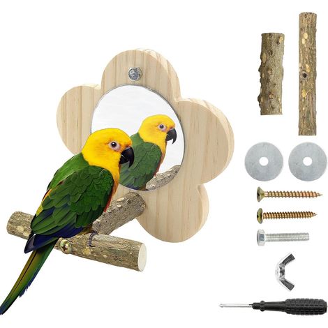 Perchoir pour oiseaux avec miroir, support en forme de fleur, support pour cage à oiseaux, perroquets, perruches, calopsittes, conures, conure, inséparables, cage, jouet de ponçage pour pattes (1/5)