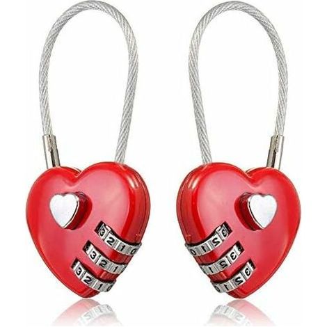 Lot de 2 cadenas à combinaison – Cadenas portable en forme de cœur pour sacs à dos, bagages et boîtes à bijoux (rouge) (1/4)