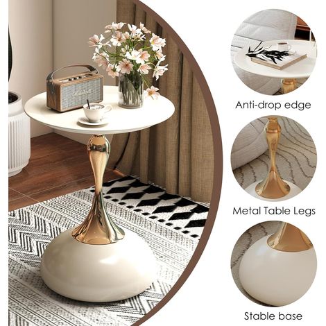 Table d’appoint ronde – Diamètre 38 cm, piètement métallique, blanche – Idéale pour petit espace salon ou chambre (1/5)