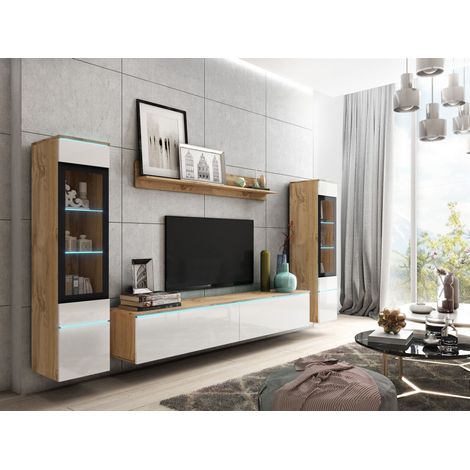 Bratex – Ensemble de meubles de salon VERA II – 2 vitrines avec éclairage LED – Meuble TV 180 cm – Panneau laminé 15 mm – Verre trempé résistant