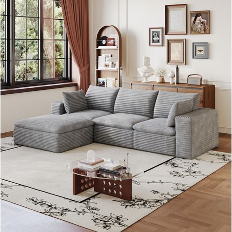 Canapé d'angle 3 Places en L, Canapé modulable velours côtelé avce repose-pieds,Sans assemblage,260×160×60 cm,gris clair (1/5)