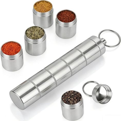 Pot à Épices 5 en 1 Camping, Mini Salière Aluminium Argenté 20ml, 5 Compartiments Étanche Portable pour Voyages et Pique-niques (1/5)