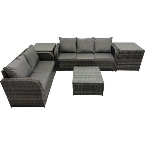 Fimous Rattan Garden Outdoor Furniture Set Love Sofa Square Coffee Table Sets with 2 Side Tables 2 Small Stools Dark Grey Mixed (1/5)