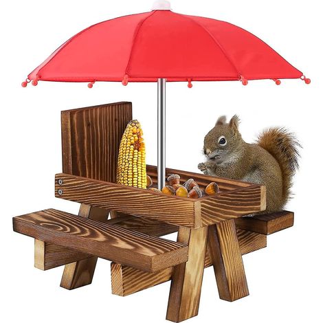 Wetterfester Eichhörnchenfutterspender, Eichhörnchen-Picknicktisch, hölzerner Eichhörnchenfuttertisch mit Sonnenschirm ---