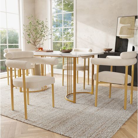 Conjunto de mesa y sillas de comedor (140x80x75 cm), patas de metal modernas, 4 sillas de terciopelo, metal, beige y dorado (1/5)