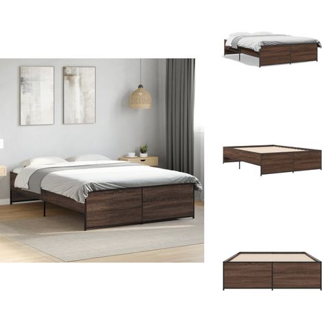 Bettgestell Braun Eichen-Optik 135x190 cm Holzwerkstoff Metall - Holzbettwäsche - Doppelbett - Lattenrost - Bettrahmen - Boxspringbett (1/5)