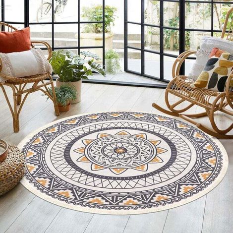 120cm Round Cotton Woven Fringe Area Rug Living Room Bedroom Bohemian Print Machine Washable Rug Living Room Decoration Bedroom Kitchen Laundry 1pc (Rot MUMU (1/4)