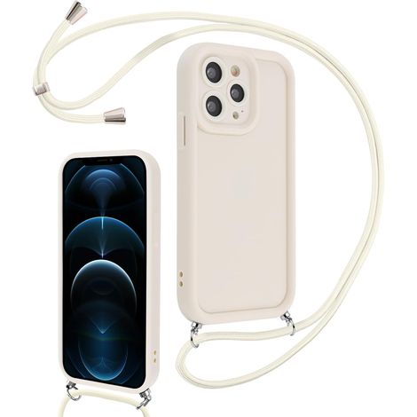 Coque pour iPhone 12 Pro 6,1" avec Cordon de Collier Réglable, Etui Protection de la Caméra Silicone Souple TPU Antichoc Housse avec Corde Lanyard Cover pour Femmes Filles, Blanc (1/5)