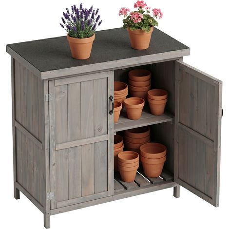 Relaxdays armario de jardín de madera, techo abatible, resistente, balda extraíble, 88x75x44 cm, caseta, gris (1/5)
