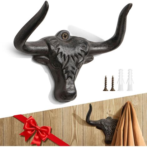Filiyano-Lot de 2 crochets muraux en fonte à tête de taureau – Crochet décoratif robuste style western rustique rouille antique pour salle de bain ou (1/5)