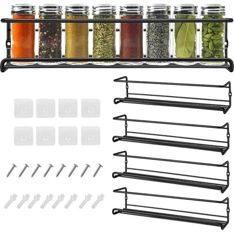 4 étagères à épices murales en métal, rangement cuisine compact, support pour pots jusqu'à 5,3 cm, noir, idéal placard et porte (1/4)