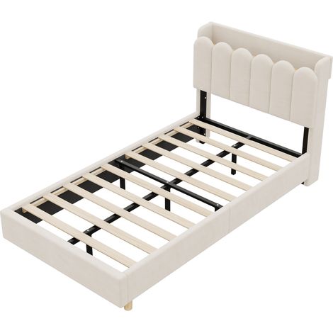 Letto per bambini 90 x 200 cm in velluto beige con rete, testiera imbottita, USB-C e lampada (1/5)