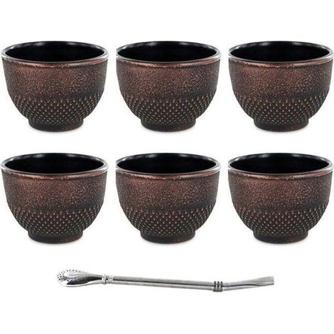 6 tasses en fonte noires & bronze 15 cl + paille inox avec filtre